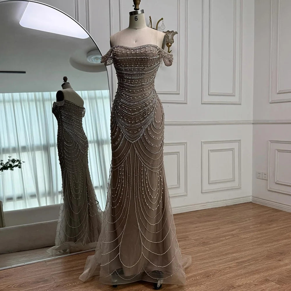 Luxury Arabic Caramel Beaded Mermaid Evening Dress with Pearls SERENE HILL LA72253C - SERENE HILL