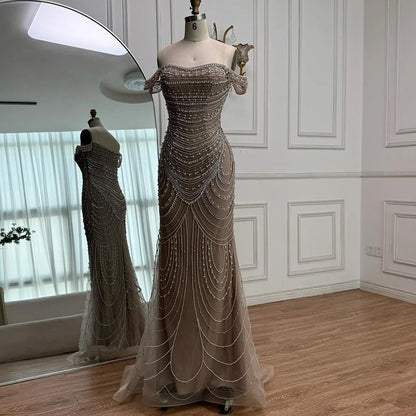 Luxury Arabic Caramel Beaded Mermaid Evening Dress with Pearls SERENE HILL LA72253C - SERENE HILL
