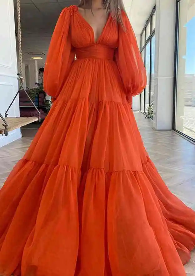 Serene Hill Arabic Red A-Line Long Sleeve Floor-Length Chiffon Prom Dress with Pleats for Women&
