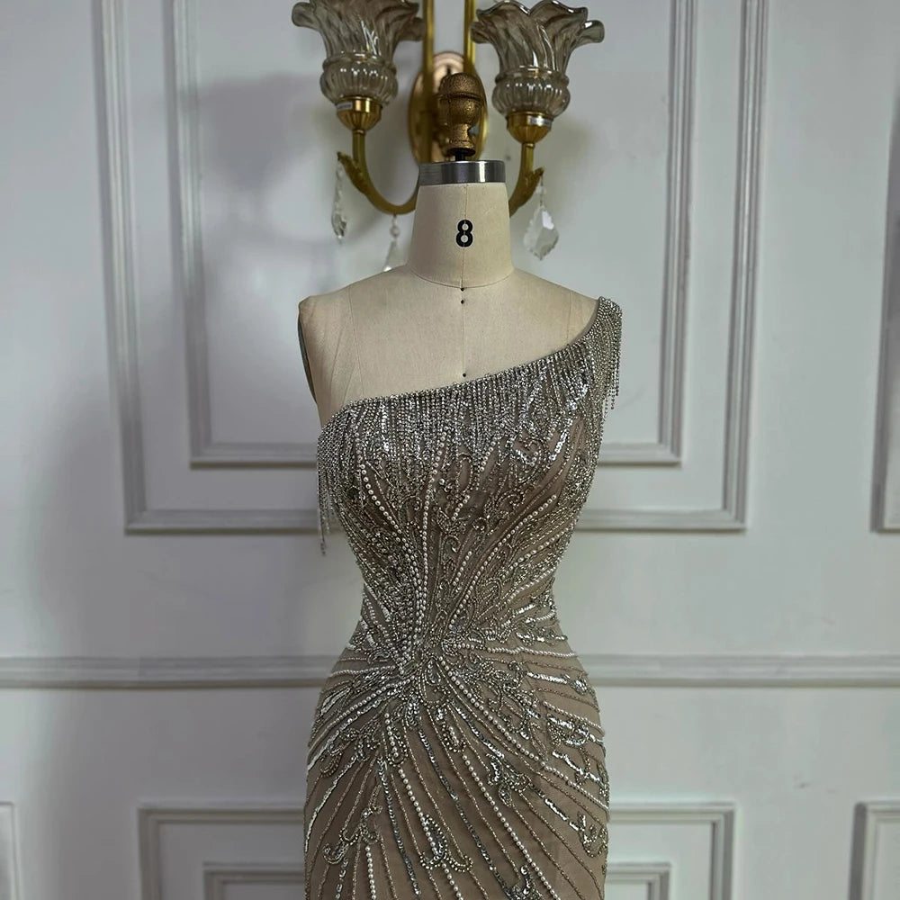 Luxury Caramel One Shoulder Beaded Slit Evening Gown with Tassel Detail LA72926 - SERENE HILL