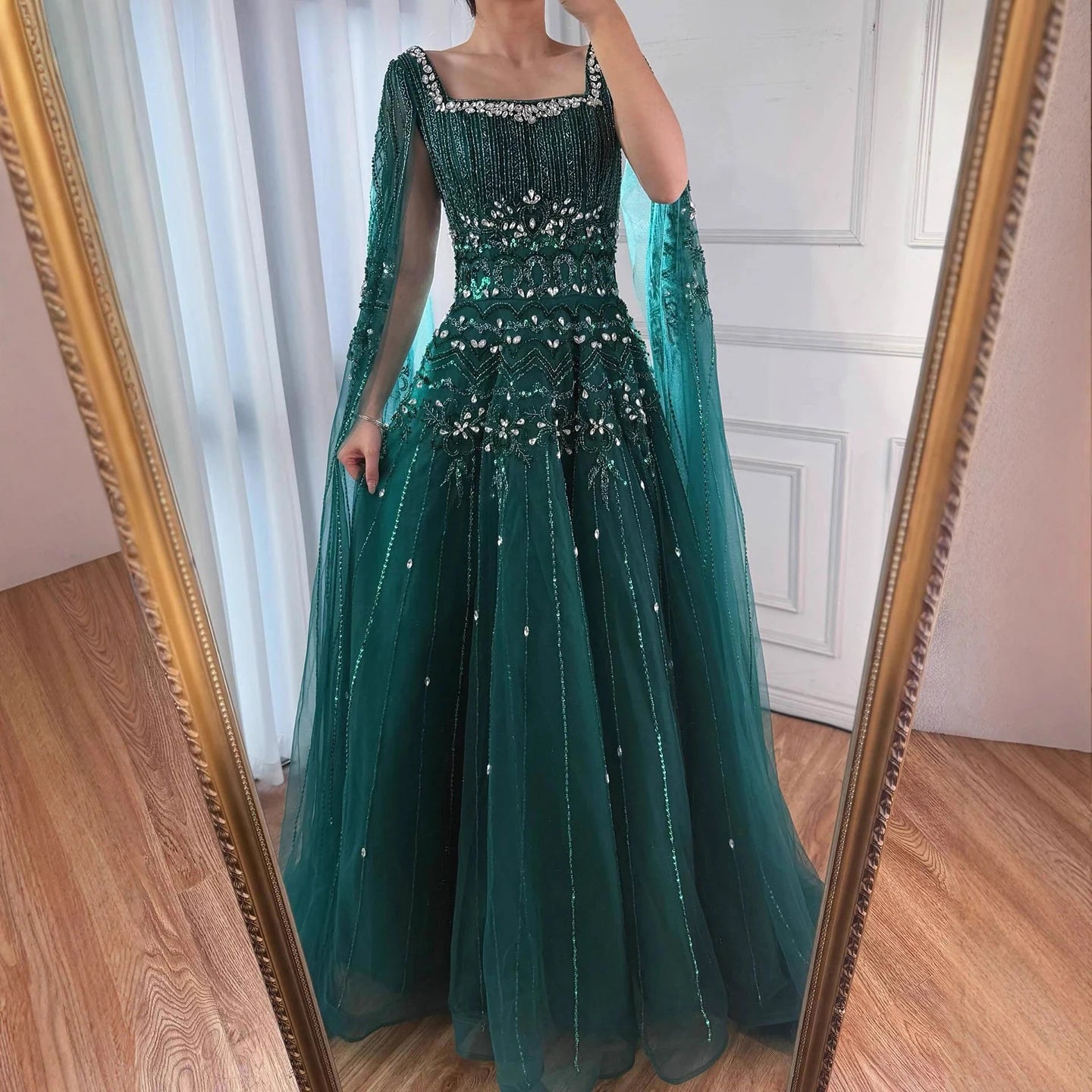 Luxury Caramel A-Line Beaded Evening Dress with Cape Sleeves LA73089A - SERENE HILL