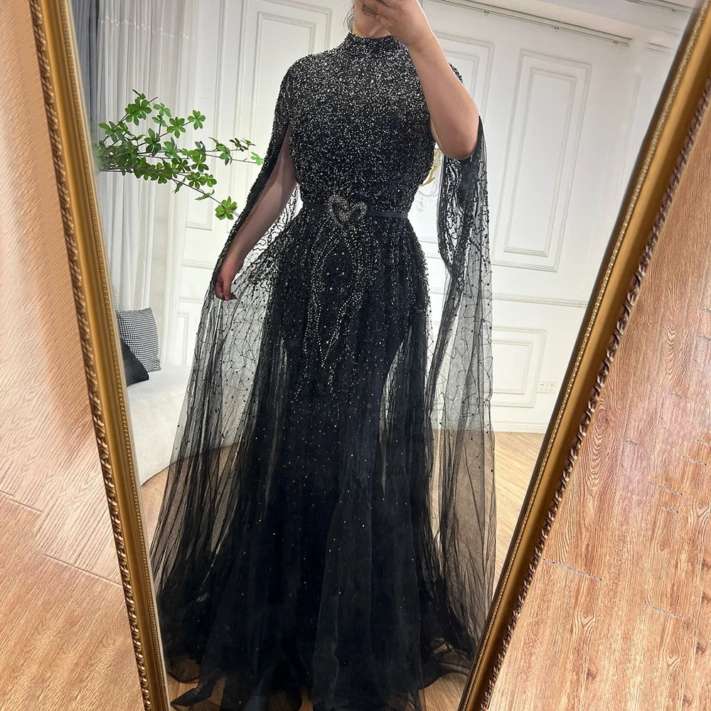 Luxury Blue A-Line High Neck Beaded Evening Dress with Cape Sleeves LA70066B - SERENE HILL