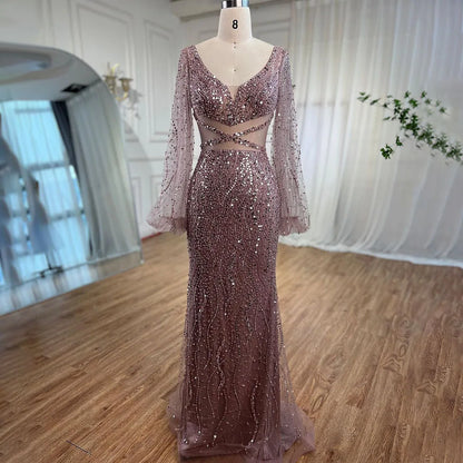 Serene Hill Sexy Mint Mermaid Elegant V-Neck Beaded Luxury Arabic Shiny Evening Dresses Gowns For Women Party 2025 LA71784 - SERENE HILL