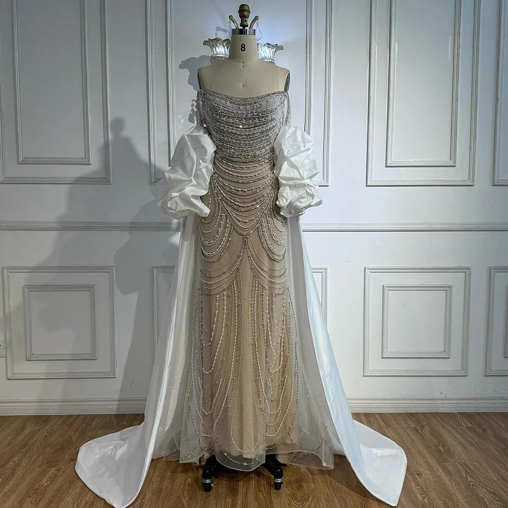White Nude Beaded Mermaid Evening Dress with Satin Cape LA72253B - SERENE HILL