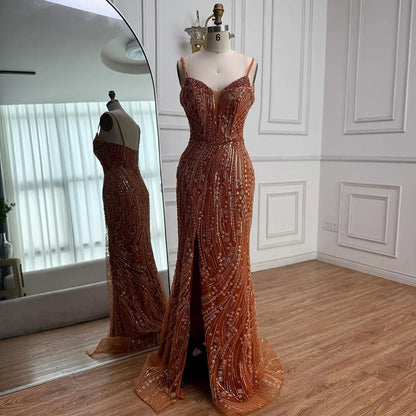 Orange Beaded Evening Dress with Slit Spaghetti Straps LA72542 - SERENE HILL