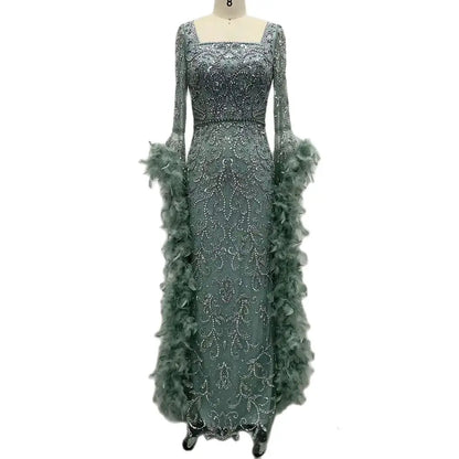 Luxury Turquoise Beaded Mermaid Evening Dress with Flared Sleeves and Feathers LA72767 - SERENE HILL