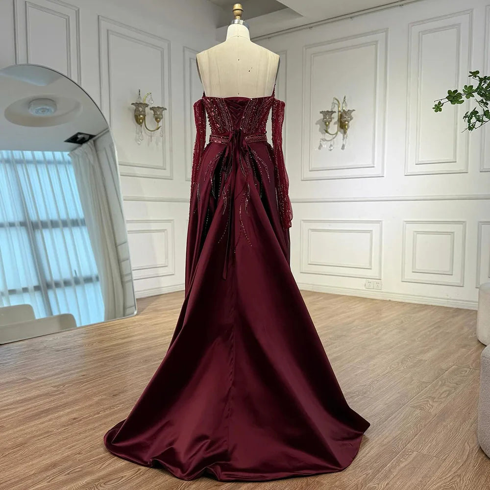 Luxury Wine Red Beaded Evening Dress Gown with Gloves and Overskirt LA72935 - SERENE HILL