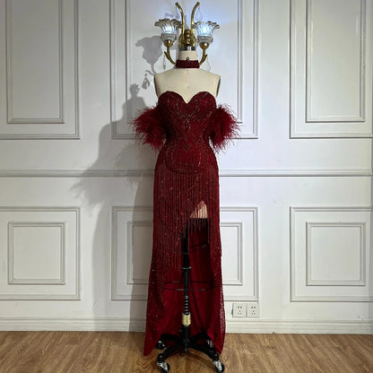 Luxury Silver Nude Mermaid Evening Dress with Beaded Tassel LA72083 - SERENE HILL