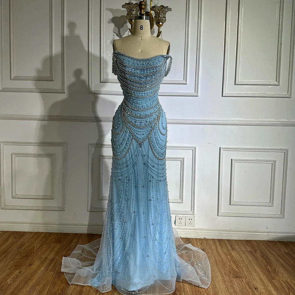 Luxury Crystal Silver Gray Pearl Beaded Evening Dress LA72253 - SERENE HILL