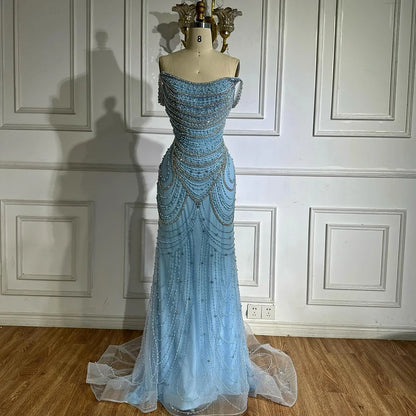 Luxury Crystal Silver Gray Pearl Beaded Evening Dress LA72253 - SERENE HILL