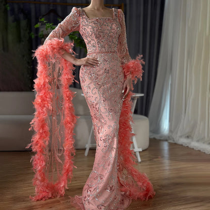 Luxury Turquoise Beaded Mermaid Evening Dress with Flared Sleeves and Feathers LA72767 - SERENE HILL