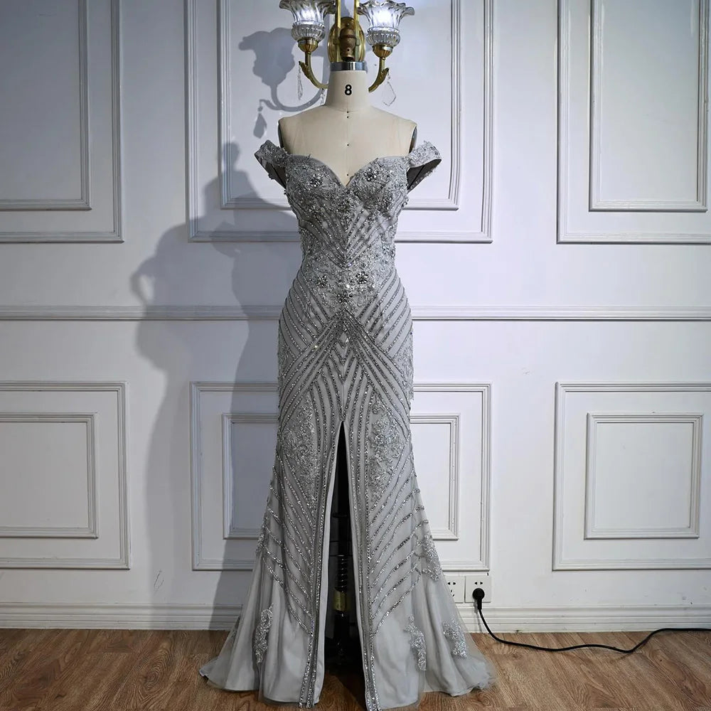 Luxury Silver Gray Off Shoulder Mermaid Evening Dress LA73018 - SERENE HILL