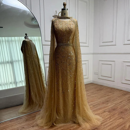 Luxury Gray Arabic Mermaid Evening Dress with Cape LA72180 - SERENE HILL