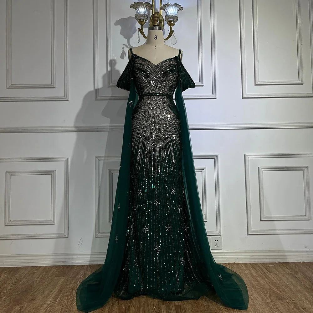 Serene Hill Spaghetti Strap Blue Mermaid Beaded Luxury Evening Dress with Cape Sleeves for Formal Occasion Saudi LA72707 - SERENE HILL