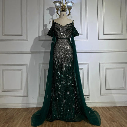 Serene Hill Spaghetti Strap Blue Mermaid Beaded Luxury Evening Dress with Cape Sleeves for Formal Occasion Saudi LA72707 - SERENE HILL