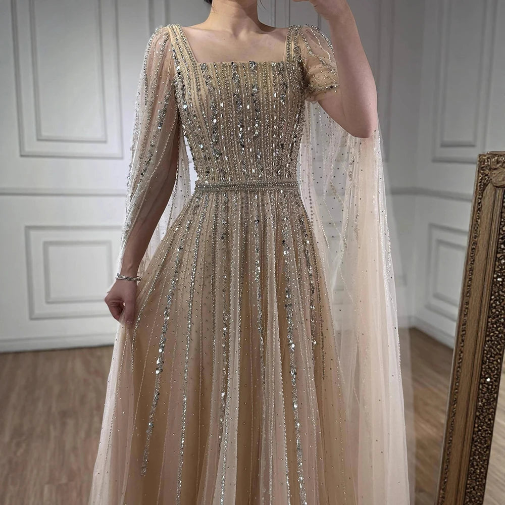 Luxury Dubai Square Neck Beaded Evening Gown with Cape LA73188 - SERENE HILL