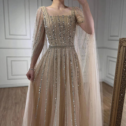 Luxury Dubai Square Neck Beaded Evening Gown with Cape LA73188 - SERENE HILL