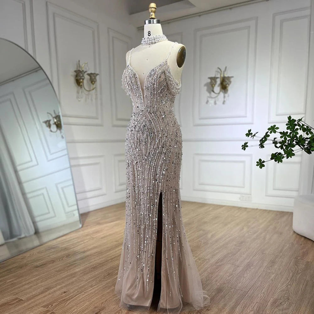 Luxury Silver Nude Beaded Evening Dress with Spaghetti Straps and High Slit LA72047C - SERENE HILL