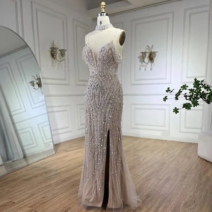 Luxury Silver Nude Beaded Evening Dress with Spaghetti Straps and High Slit LA72047C - SERENE HILL