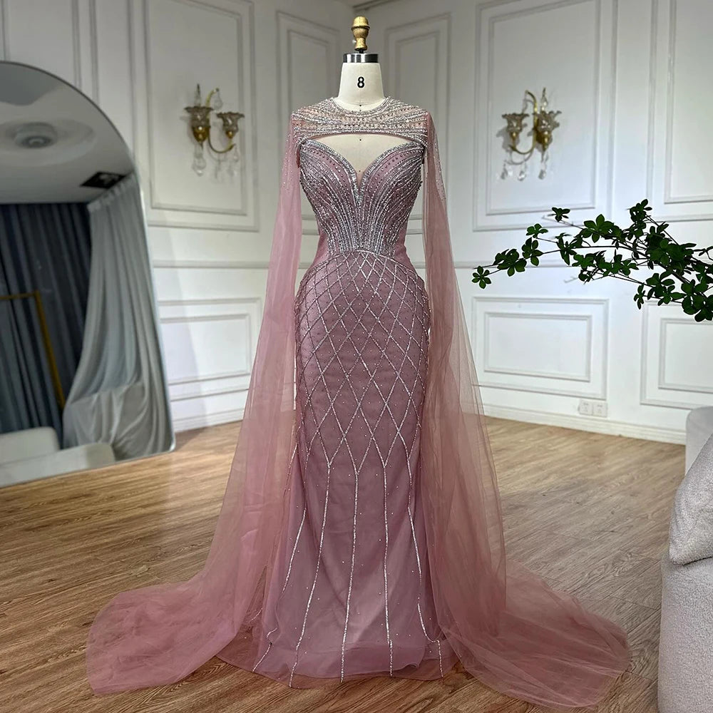 Nude Arabic Beaded Evening Dress Gown with Cape Sleeves LA72814 - SERENE HILL