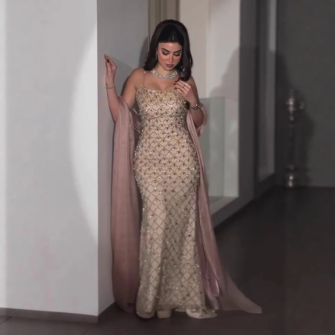 Luxury Pink Beaded Mermaid Evening Dress with Cape LA73366 - SERENE HILL