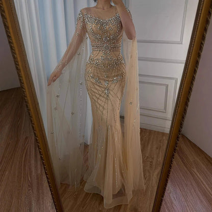 Luxury Pink Arabic Crystal Beaded Mermaid Evening Dress with Cape Sleeves LA73137 - SERENE HILL