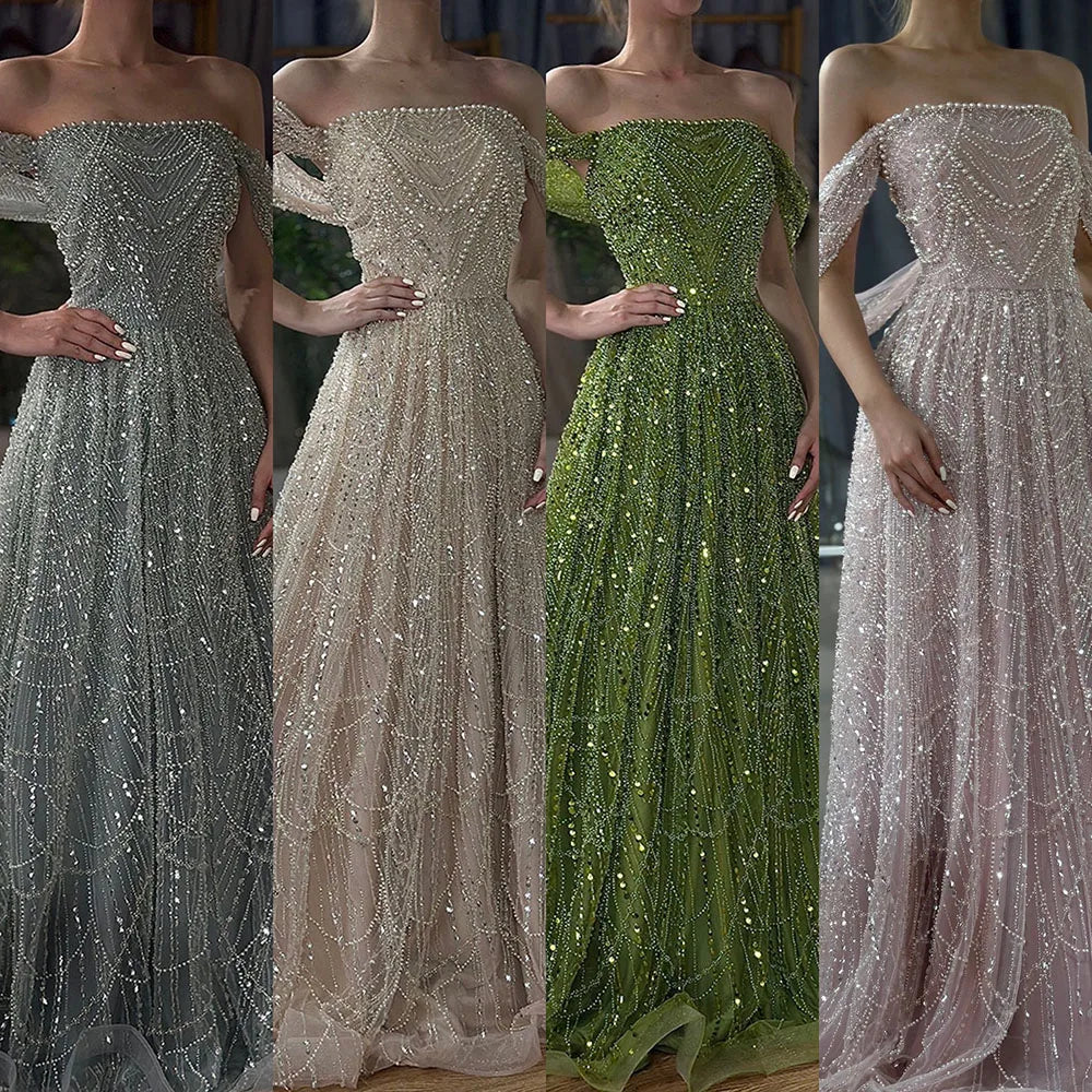 Luxury Beaded Champagne Off-Shoulder Evening Dress LA72738 - SERENE HILL