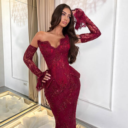 Luxury Wine Red Lace Beaded Mermaid Evening Dress LA73341 - SERENE HILL