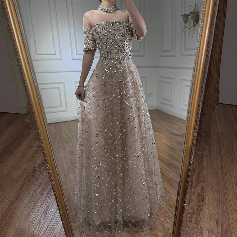 Luxury Nude Sliver Off Shoulder Beaded Crystal A-Line Evening Dress LA73122 - SERENE HILL