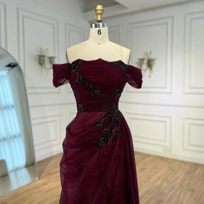Elegant Wine Red Off Shoulder Lace Evening Dress with Appliques LA73010 - SERENE HILL