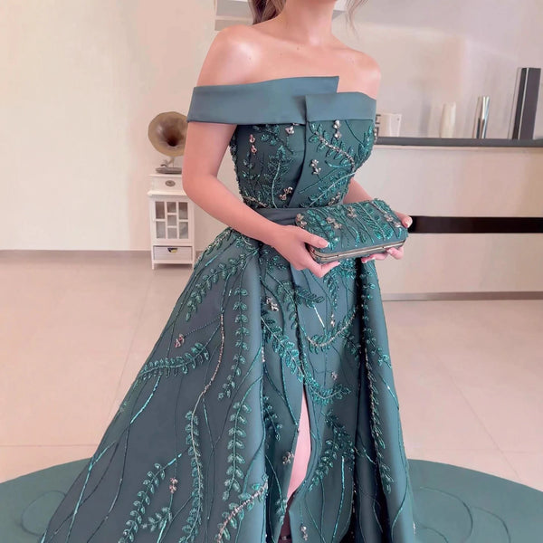 Luxury Green One Shoulder Satin Evening Dress with Overskirt LA72178