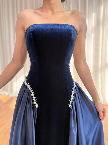 Luxury Navy Blue Mermaid Pearls Evening Dress Gowns With Skirt LA73351 - SERENE HILL