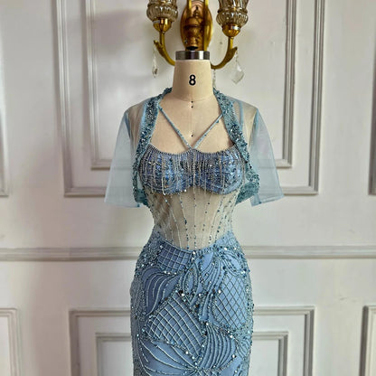 Luxury nude Spaghetti Strap Beaded Mesh Evening Dress LA72927 - SERENE HILL