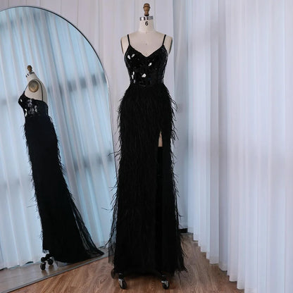 Luxury Peacock Blue Feather Evening Dress with Mirror Beaded Bodice LA73008 - SERENE HILL