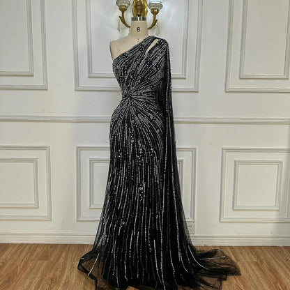 Luxury Black One Shoulder Mermaid Evening Dress with High Slit LA72829 - SERENE HILL