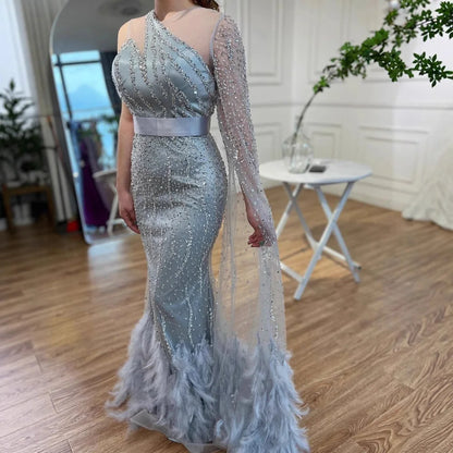 Elegant Nude One Shoulder Feather Beaded Mermaid Evening Dress LA71096 - SERENE HILL