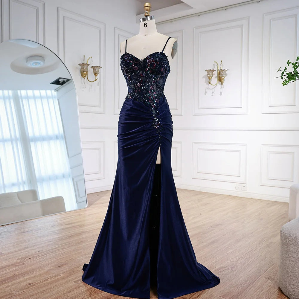 Classy Navy Satin Prom Dress with Lace Beaded and Slit LA73003 - SERENE HILL