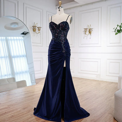 Classy Navy Satin Prom Dress with Lace Beaded and Slit LA73003 - SERENE HILL
