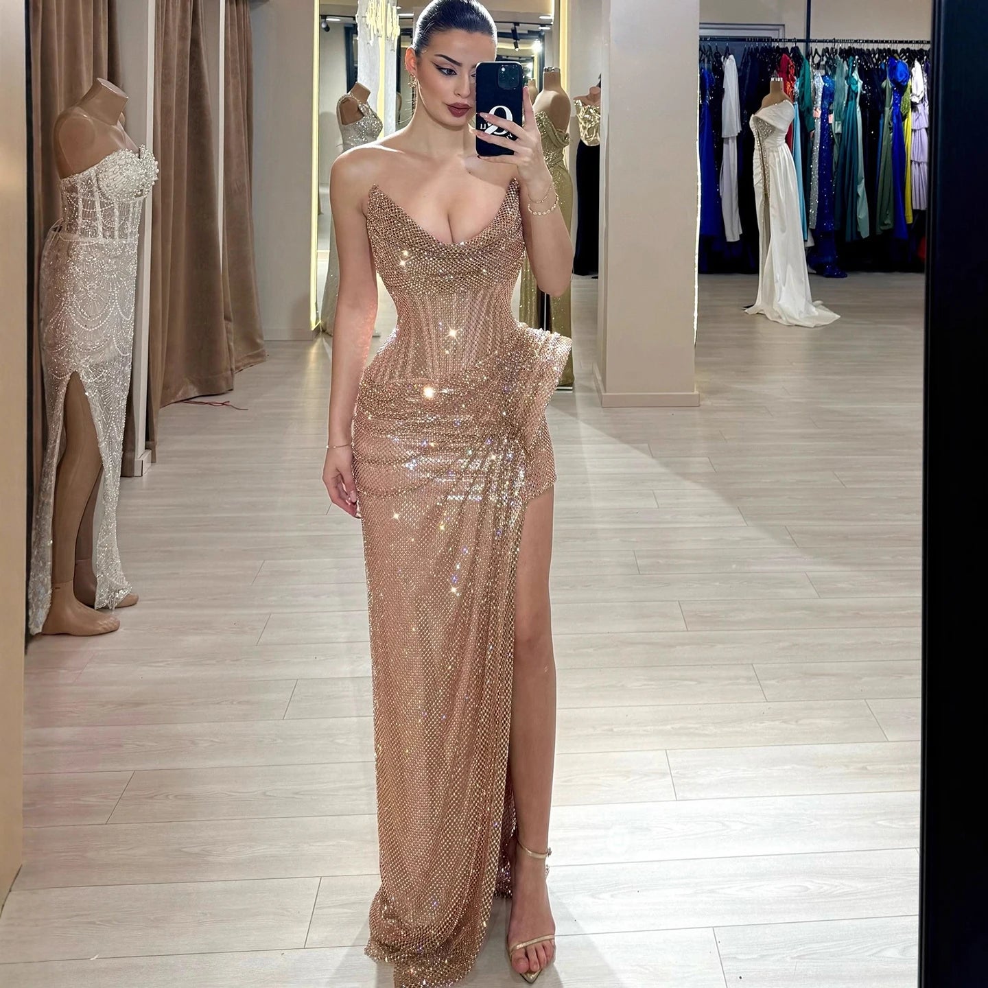 Luxury Rose Gold Saudi Arabic Beaded High Split Evening Dress LA72807B - SERENE HILL