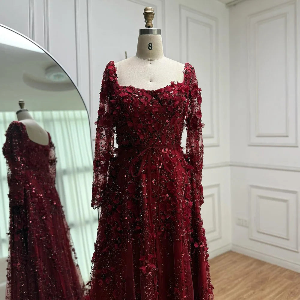 Luxury Arabic Gray A Line Elegant 3D Flower Evening Dress Long Sleeve LA72657 - SERENE HILL