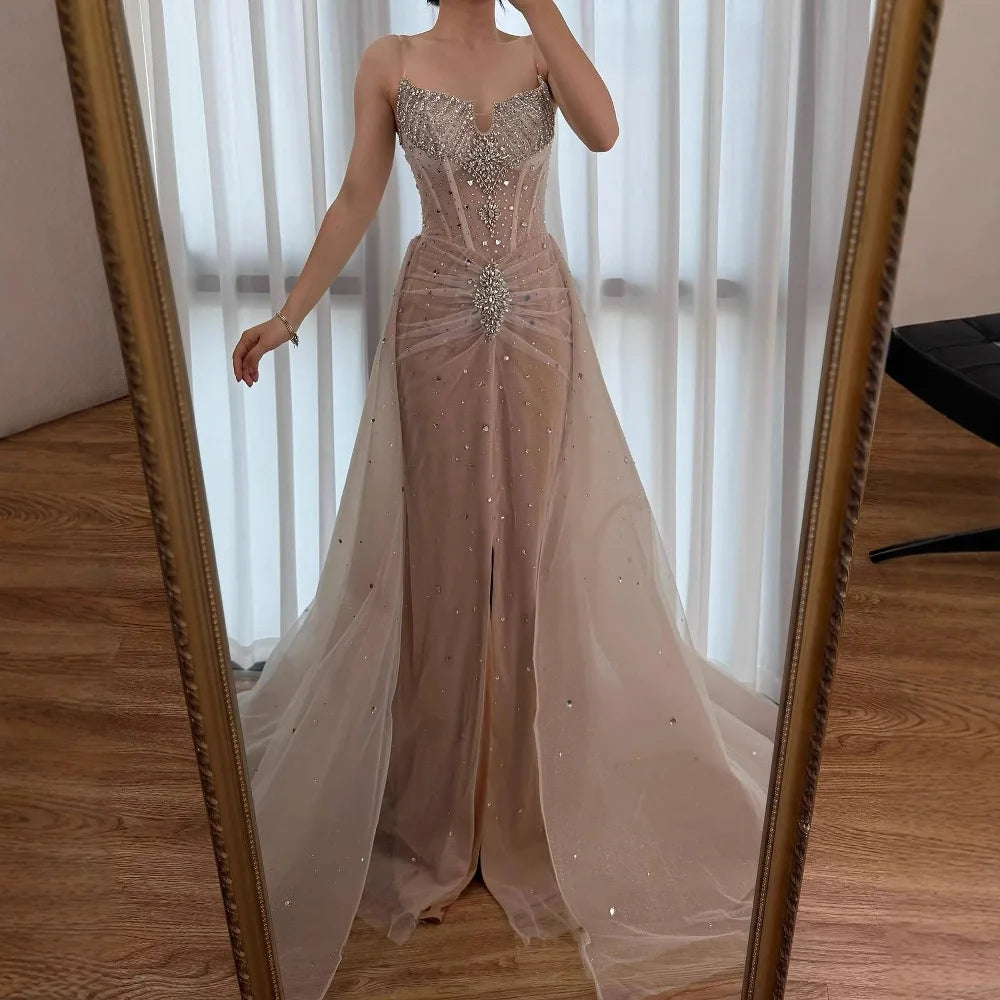Luxury White Nude Beaded Evening Dress with Overskirt LA73107 - SERENE HILL