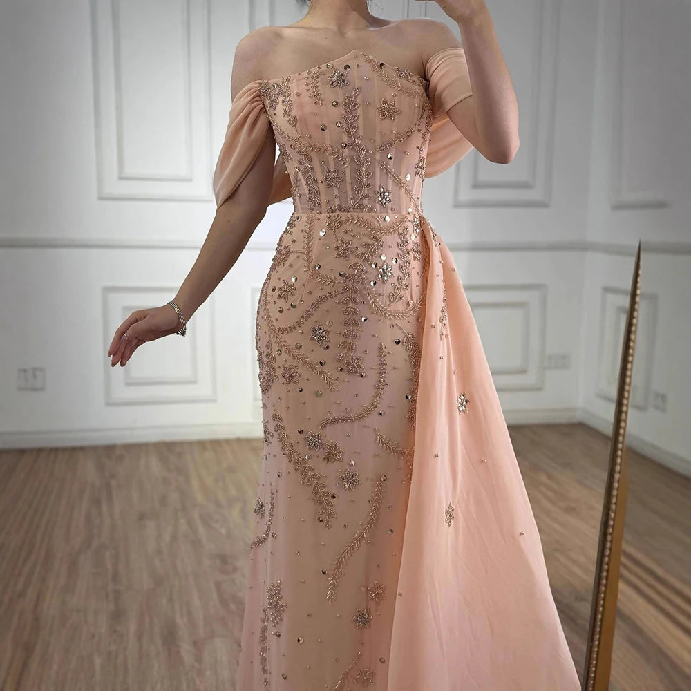 Luxury Nude Off Shoulder Pearl Beaded Mermaid Evening Dress with Overskirt LA73109 - SERENE HILL