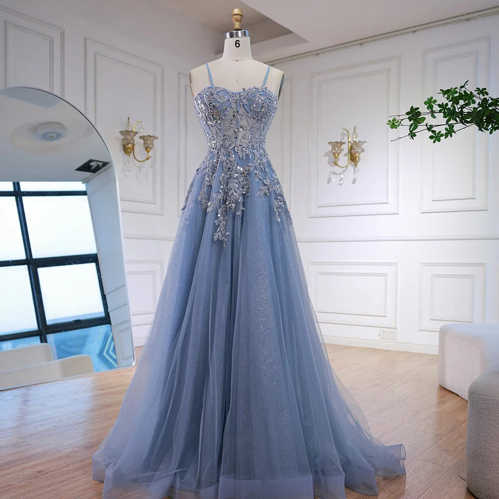 Luxury Gray Tulle A Line Prom Dress with Floral Appliques LA73015 - SERENE HILL