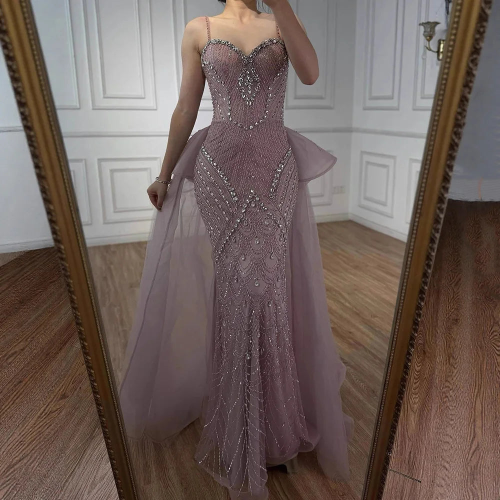 Luxury Pink Crystal Beaded Mermaid Evening Dress with Overskirt LA73143 - SERENE HILL