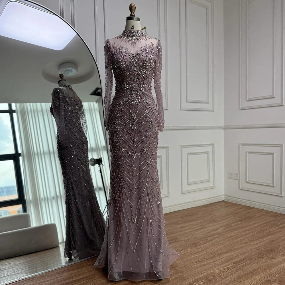 Luxury Pink Beaded Mermaid Evening Dress Long Sleeve LA73158 - SERENE HILL