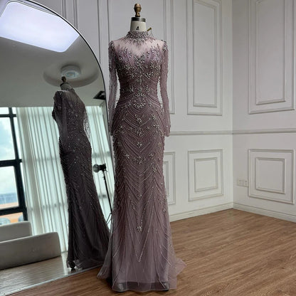 Luxury Pink Beaded Mermaid Evening Dress Long Sleeve LA73158 - SERENE HILL