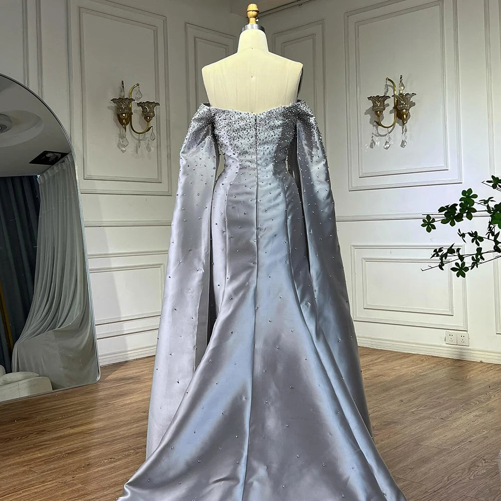 Luxury Dubai Luxury Off Shoulder A Line Gray Satin Evening Gown Pearl Beaded for Formal Occasion LA72779 - SERENE HILL