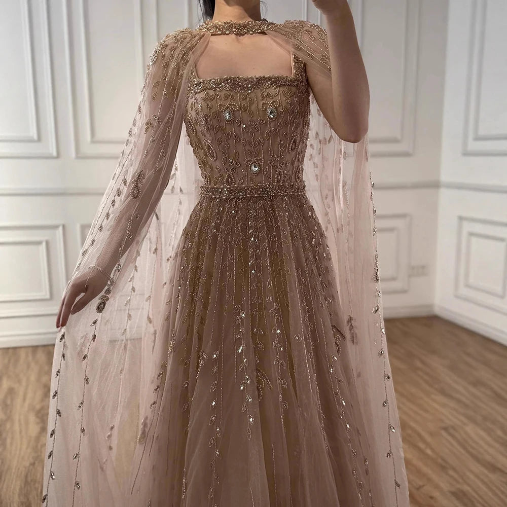 Luxury Arabic Nude Square Neck Beaded A-Line Evening Dress With Cape LA72835 - SERENE HILL