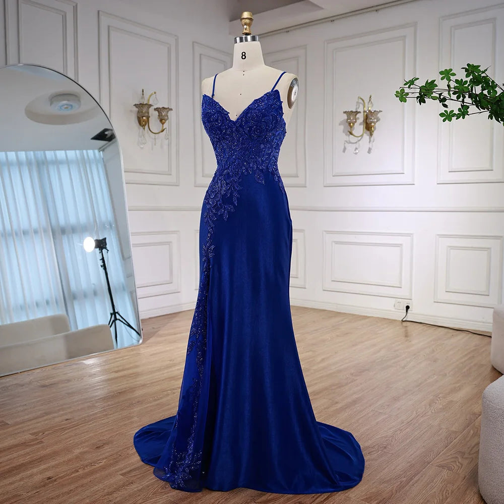 Luxury Navy Blue Lace Slit Prom Dress with Spaghetti Straps LA73041 - SERENE HILL