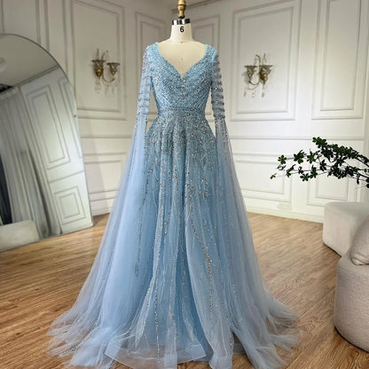 Luxury Dubai Arabic Caramel Elegant A-Line Beaded Long Evening Dresses Gowns with Cape Sleeves for Formal Occasion LA72750 - SERENE HILL